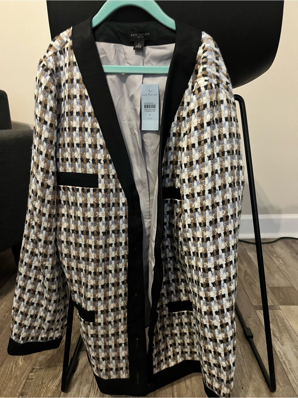 Ann Taylor Black Trim Tweed Coatigan with Neutral Check